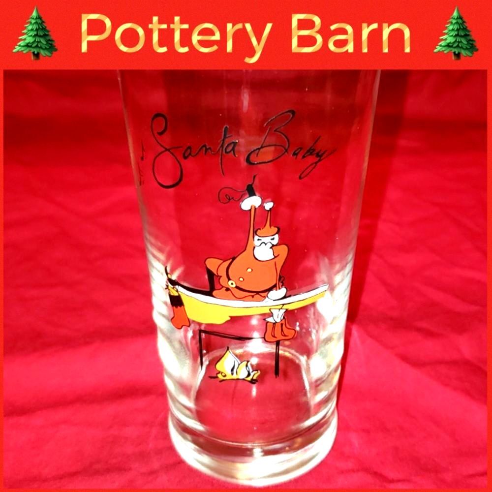 SANTA BABY Christmas Glass Tumbler Pottery Barn Santa on Fireplace Collectible